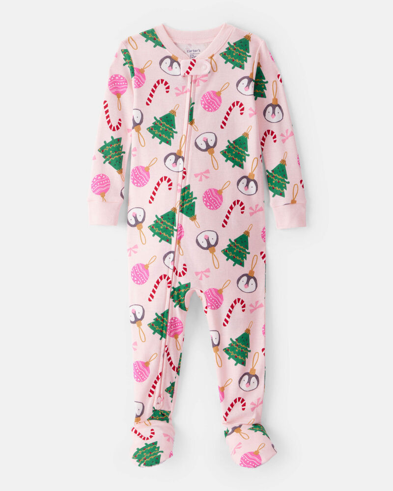 Toddler Girl Christmas Ornament Print 100% Cotton Long-Sleeve 2-Way Zip 1-Piece Pyjamas - Pink, image 1 of 4 slides