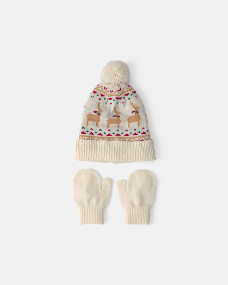 Baby 2-Piece Fair Isle Christmas Beanie & Glove Set - Cream, image 1 of 3 slides