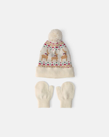 Baby 2-Piece Fair Isle Christmas Beanie & Glove Set - Cream, 