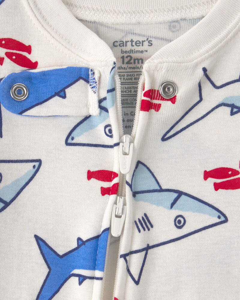 Baby Boy Shark 100% Cotton Snug Fit 1-Piece pyjama - Ivory, image 2 of 4 slides