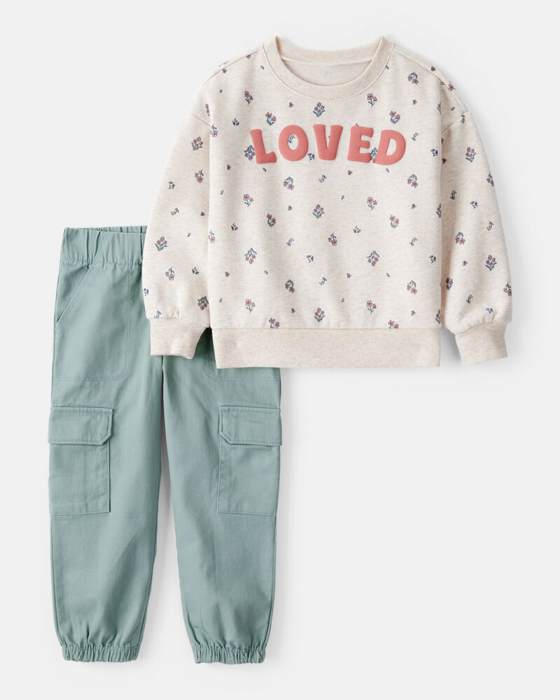 Toddler 2-Piece "Loved" Pullover Sweatshirt & Pant Set - Cream/Green, image 1 of 6 slides