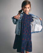 Filles - Robe manches longues en velours c&ocirc;tel&eacute; &agrave; motif floral - Bleu marine, image 2 sur 5 diapositives