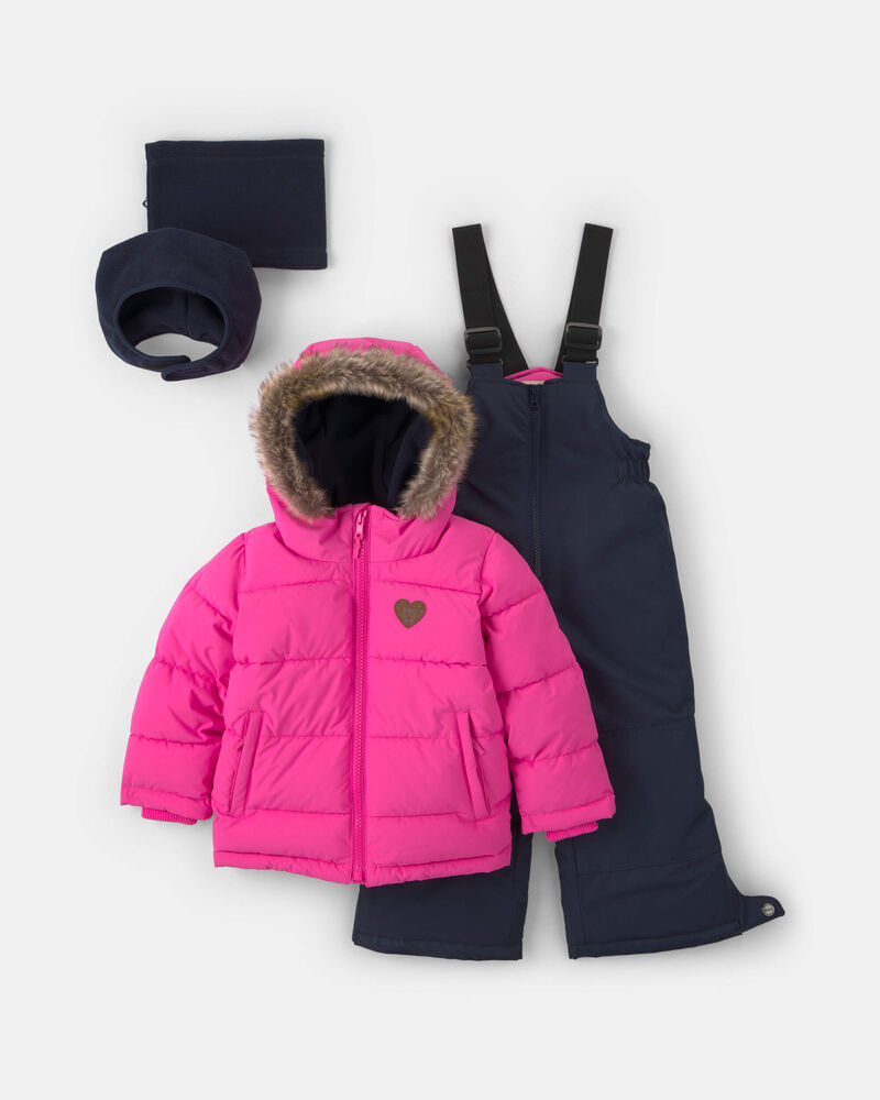 Toddler Girl Solid 2 Piece Puffer  Snowsuit- Pink , image 1 of 13 slides