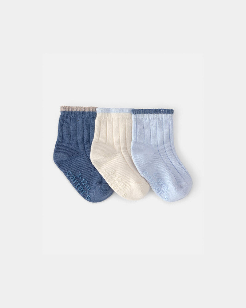 Baby 3-Pack Ankle Socks - Blue/Ivory, image 1 of 2 slides