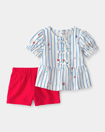 B&eacute;b&eacute; fille - Ensemble 2 pi&egrave;ces haut &agrave; fraises et short - Bleu Rouge, 