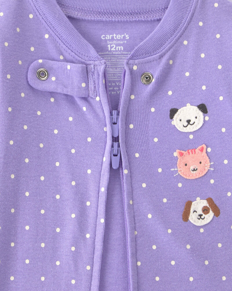 B&eacute;b&eacute; fille - Pyjama ajust&eacute; 1 pi&egrave;ce en 100&nbsp;% coton &agrave; fermeture &agrave; glissi&egrave;re double sens &agrave; motif animaux domestiques &ndash; Mauve, image 3 sur 4 diapositives