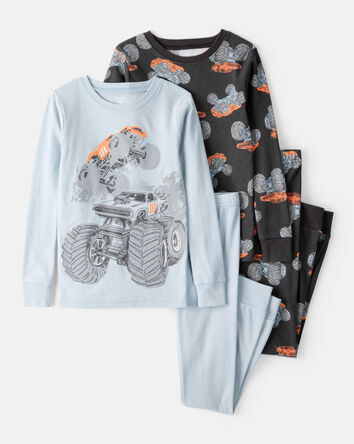 Garçons - Pyjama 4 pièces en coton à manches longues et imprimé camion monstre – Bleu, 