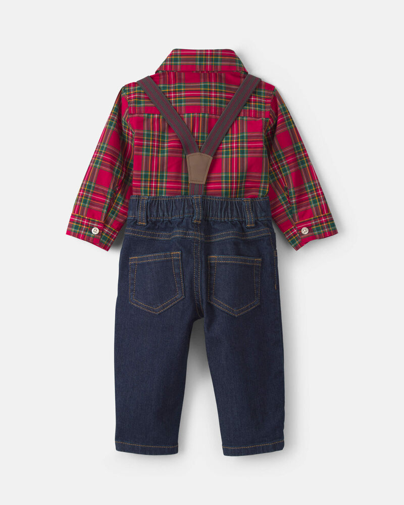Baby Boy 2-Piece Plaid Denim Long-Sleeve Bodysuit & Suspender Pant Set - Red/Indigo, image 2 of 5 slides