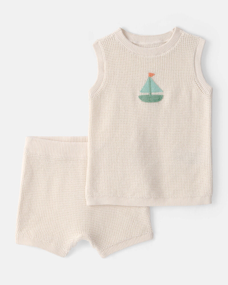 Baby 2-Piece Sailboat Crochet Top & Short Set - Cream, image 1 of 4 slides