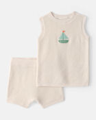 Baby 2-Piece Sailboat Crochet Top & Short Set - Cream, image 1 of 4 slides