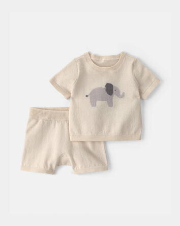 B&eacute;b&eacute; - Ensemble 2 pi&egrave;ces haut &agrave; manches courtes et short &agrave; motif &eacute;l&eacute;phant - Cr&egrave;me, 