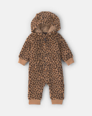Baby Girl Leopard Teddy Fleece Long-Sleeve Jumpsuit - Brown, 