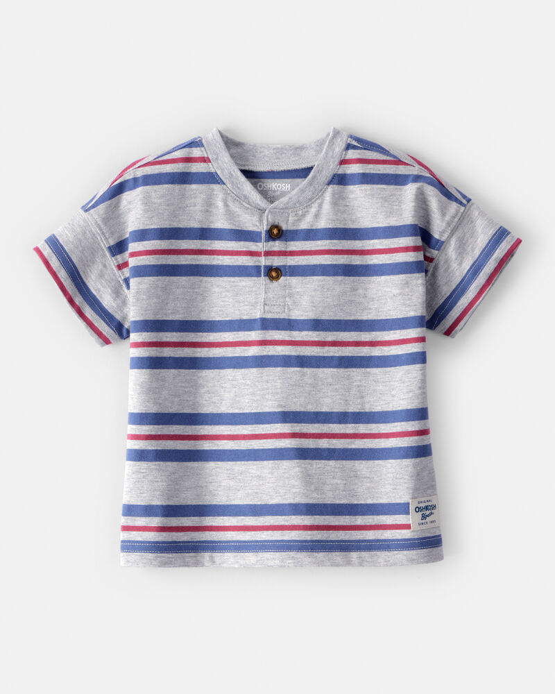 Baby Boy Striped Short-Sleeve Henley Tee - Grey, image 1 of 3 slides