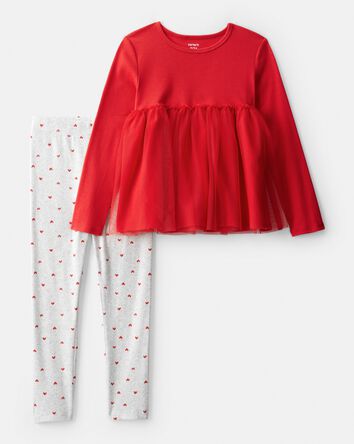 Girls Valentine's Day Tulle Top & Heart Pant Set - Red/Grey, 