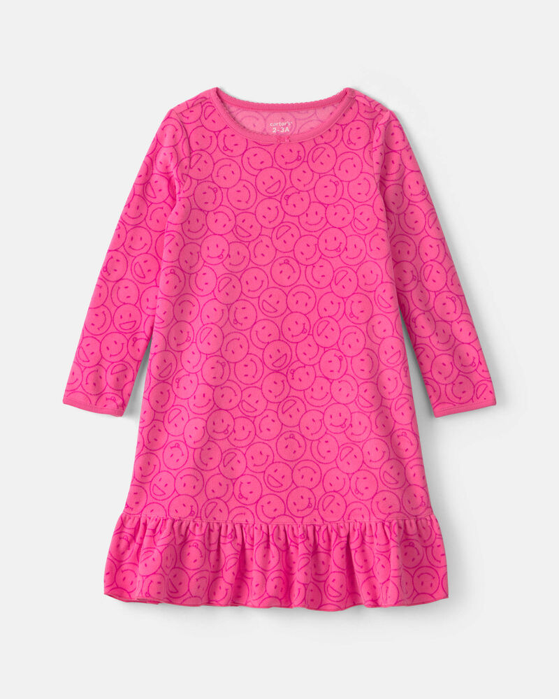 Girls Smiley Face Fleece Loose Fit Night Gown - Pink, image 1 of 3 slides
