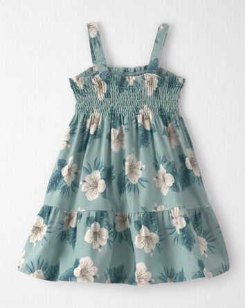 Toddler Girl  Smocked Linen Dress Made with Organic Cotton in Blue Hibiscus, 