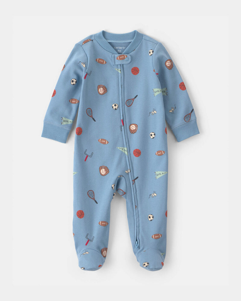 Baby Boy Sports 100% Cotton 2-Way Zip Sleeper - Blue, image 1 of 4 slides