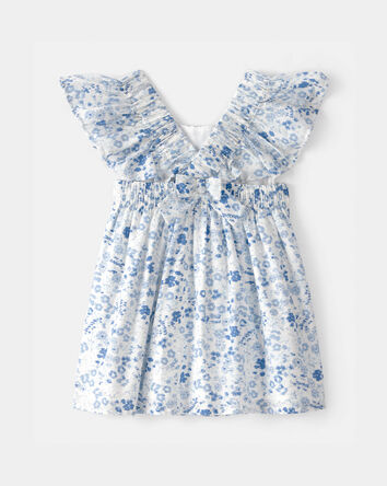Baby Girl Floral Ruffle Dress - Blue/White, 