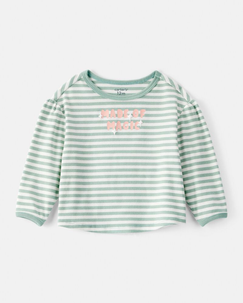 Baby Girl Made of Magic' Striped Long-Sleeve Top - Green, image 1 of 4 slides