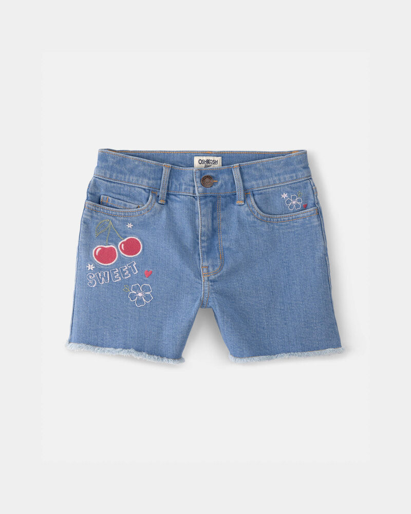 Girls Cherry Denim Embroidered Midi Shorts - Medium Wash, image 1 of 5 slides