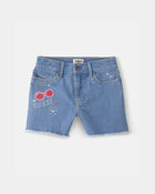Girls Cherry Denim Embroidered Midi Shorts - Medium Wash, image 1 of 5 slides