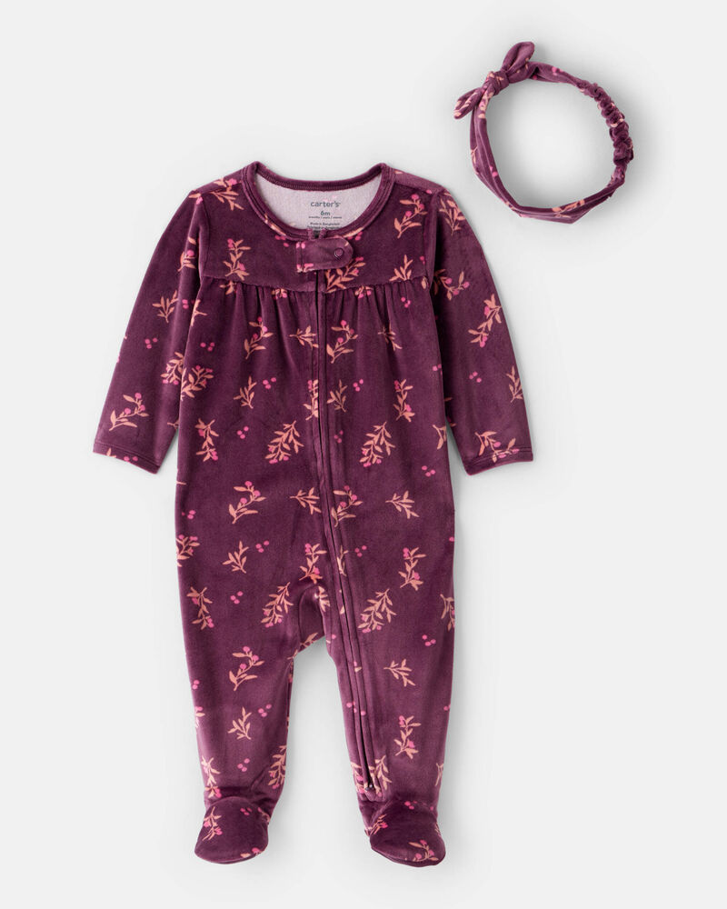 Baby Girl 2-Piece Floral DreamPlush Long-Sleeve Snug Fit Sleeper- Maroon, image 1 of 4 slides