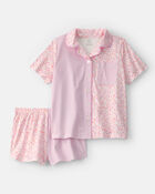 Girls Floral Stripe Short-Sleeve Loose Fit 2-Piece pyjama Set - Pink, image 1 of 5 slides