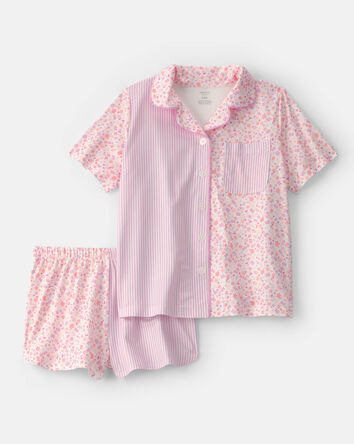 Girls Floral Stripe Short-Sleeve Loose Fit 2-Piece pyjama Set - Pink, 