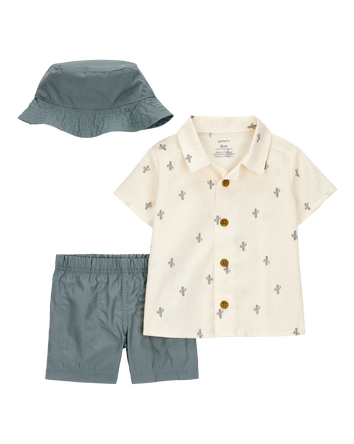 Baby 3-Piece Cactus Short & Hat Set - Ivory/Green, 