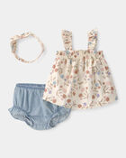 B&eacute;b&eacute; fille - Ensemble 3 pi&egrave;ces robe cache-couche &agrave; manches courtes, fleurs - Brun/Bleu, image 1 sur 2 diapositives