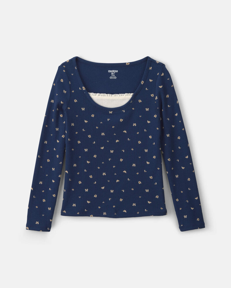 Girls Floral Long-Sleeve Top - Navy Blue, image 1 of 4 slides