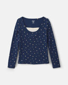 Girls Floral Long-Sleeve Top - Navy Blue, image 1 of 4 slides