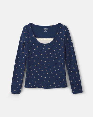 Girls Floral Long-Sleeve Top - Navy Blue, 