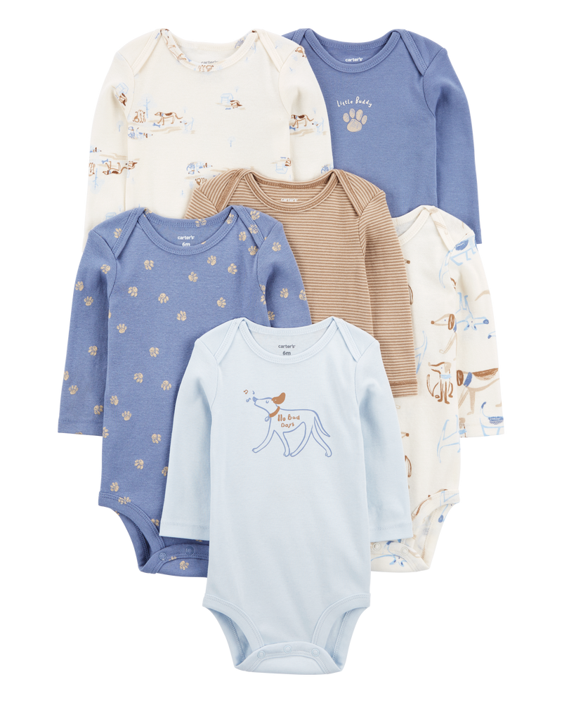Baby 6-Pack Dog Long-Sleeve Bodysuits, image 1 of 9 slides