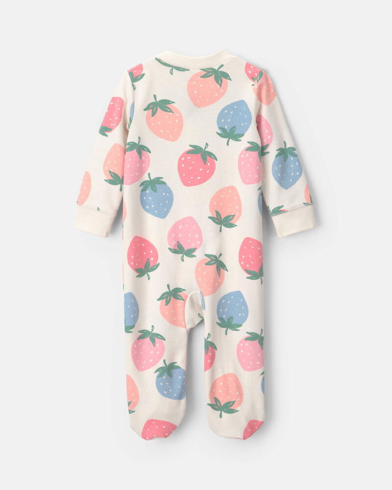 Baby Girl 2-Way Zip Strawberry Cotton Sleepers - Cream/Blue/Coral, image 2 of 5 slides