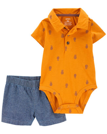 2-Piece Pineapple Polo Bodysuit & Short Set, 