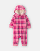 Baby Girl Buffalo Check Fleece Long-Sleeve Hooded Jumpsuit - Pink, image 1 of 4 slides