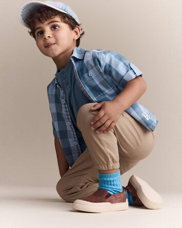 Toddler Boy Button-Down Short-Sleeve Shirt in Plaid - Blue, 