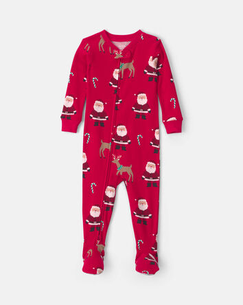 Baby 1-Piece Beige Santa Christmas 2-Way Zip 100% Cotton Snug Fit Footed Pyjama - Red, 