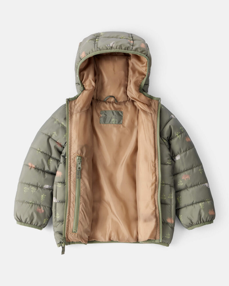 Toddler Wilderness Print Hooded Puffer - Green, image 2 of 4 slides