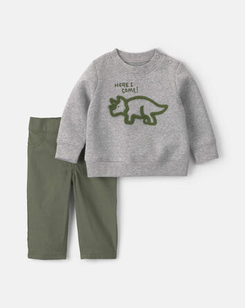 Baby Boy 2-Piece Dinosaur Fleece Pullover & Pant Set - Grey, 
