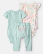 Baby Girl 3-Piece Butterfly Bodysuits & Pant Set - Blue/White, image 1 of 6 slides