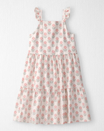 Girls Organic Cotton Tiered Dress in Rosebud Petal Print, 