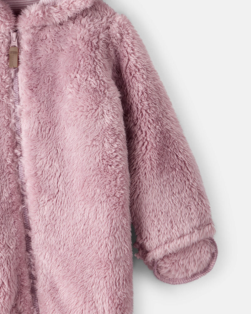 Baby Girl Sherpa Long-Sleeve Hooded Jumpsuit - Pink, image 2 of 4 slides