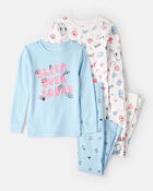 Girls 100% Cotton Snug Fit 4-Piece Pyjamas - Blue/White, image 1 of 4 slides