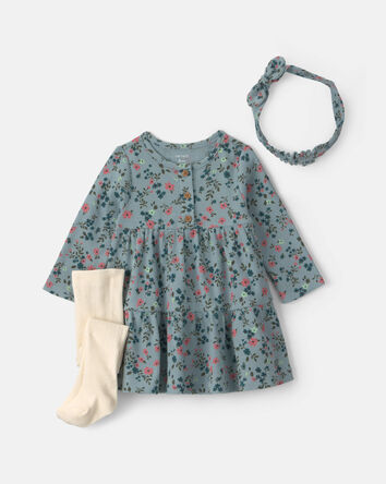 Baby Girl 3-Piece Floral Thermal Dress Set - Blue, 