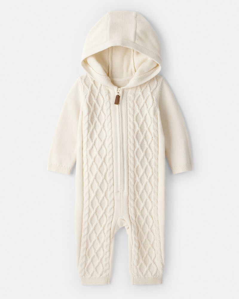 Baby Boy Long-Sleeve Cableknit Jumpsuit - Cream, image 1 of 3 slides