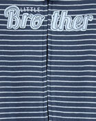 Baby Boy Striped Little Bro 2-Way Zip Cotton Sleeper - Navy Blue, image 2 of 3 slides