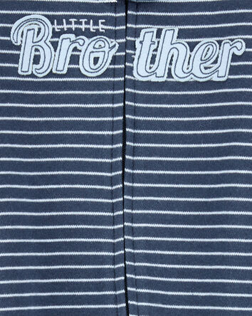 Baby Boy Striped Little Bro 2-Way Zip Cotton Sleeper - Navy Blue, 