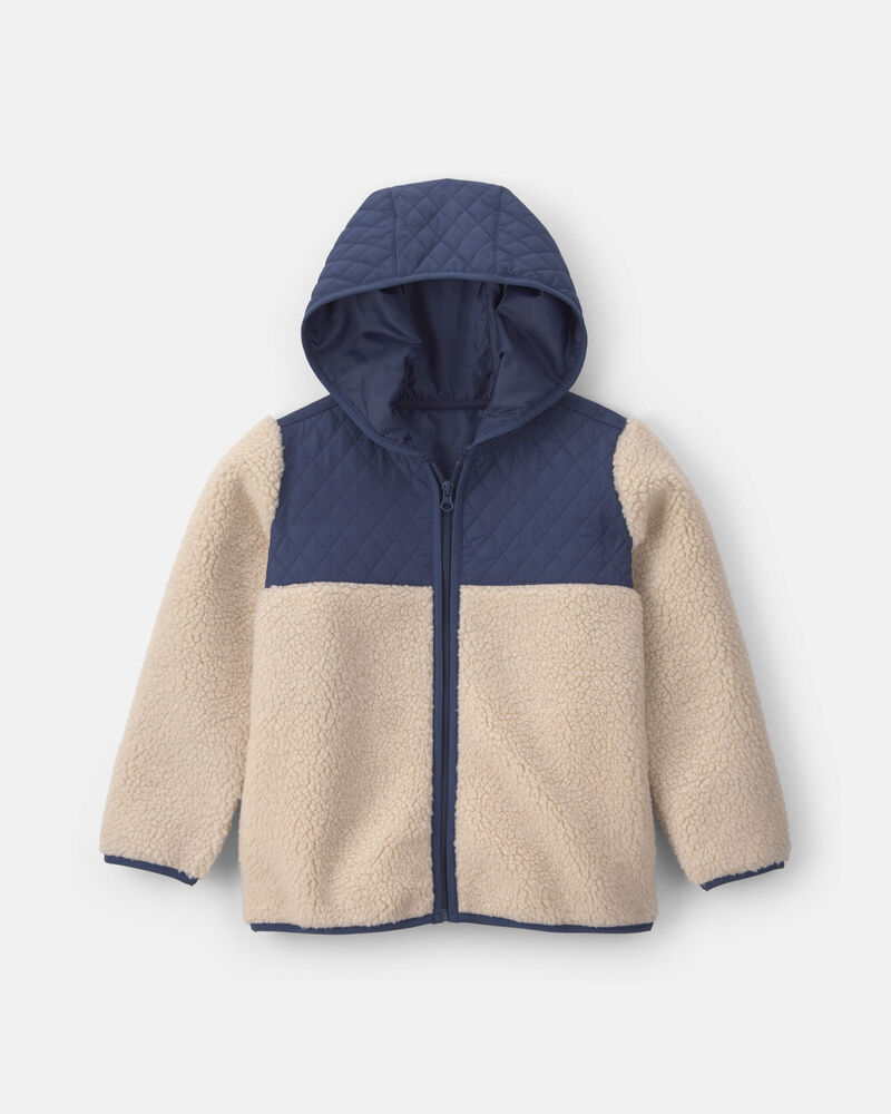 Boys Teddy Fleece Colour Block Zip-Up Hoodie - Navy Blue/Cream, image 1 of 3 slides